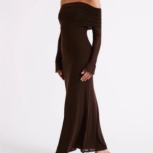 NWT MESHKI JOSIE OFF THE SHOULDER MESH MAXI DRESS S BROWN